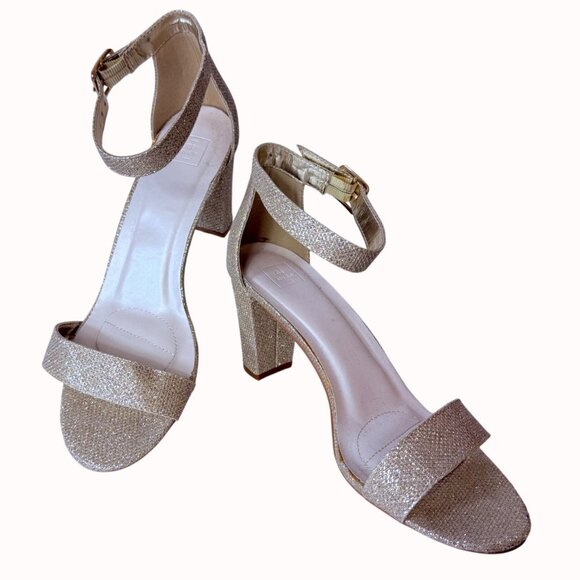 Gold Glitter Block Heel Sandals Size 8 Ankle Strap Open Toe Formal Party Shoes - Picture 2 of 14